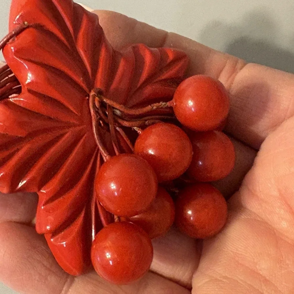 1930s - 40s Cherry Red Bakelite Brooch Carved Leaf Dangling Cherries Huge!
